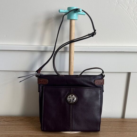 Brighton Dark Purple/Brown Leather Built in Organizer Wallet Crossbody Bag Purse - Picture 1 of 16